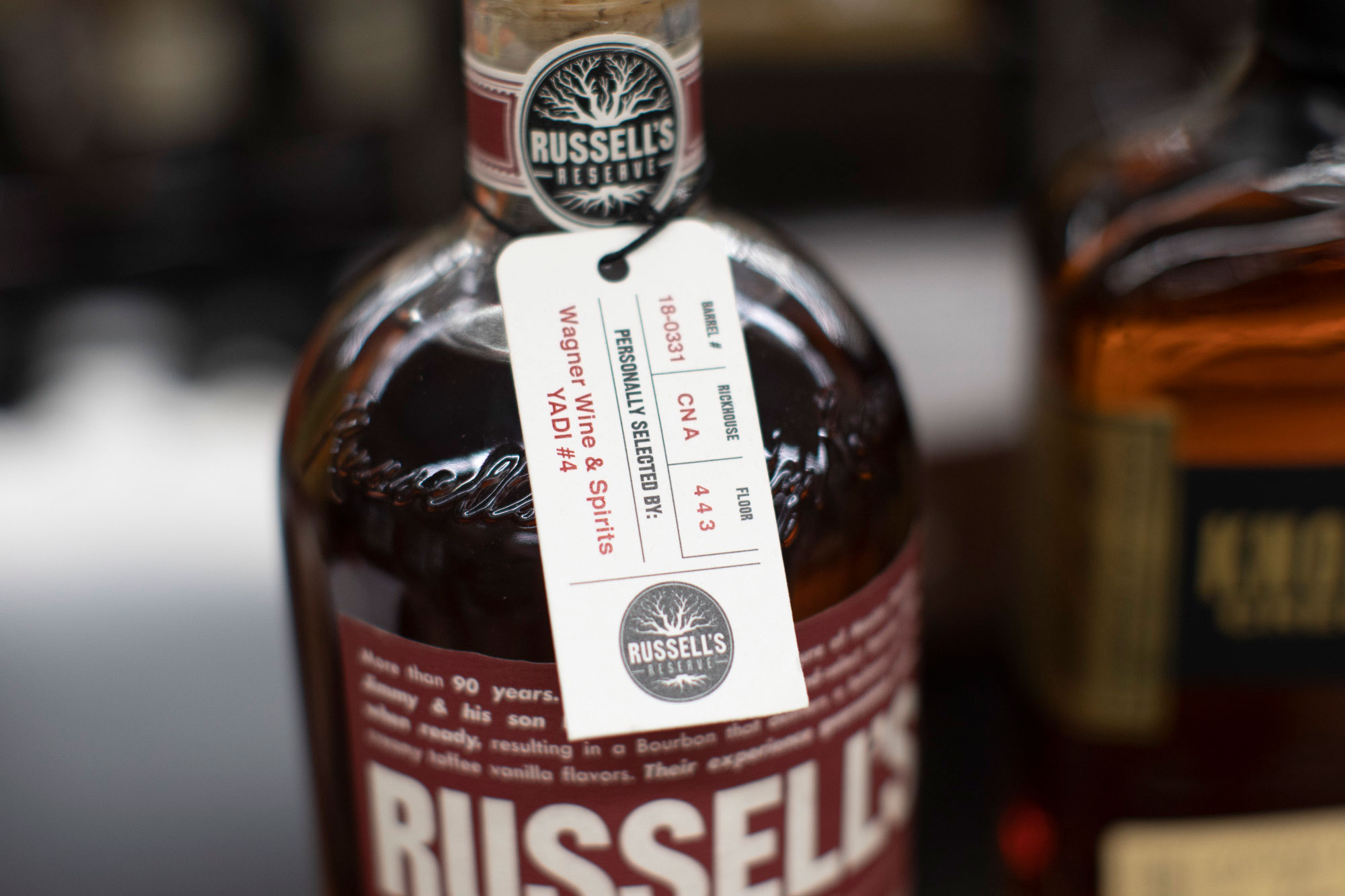 close up of Russells single barrel bourbon Wagner Family barrel pick
