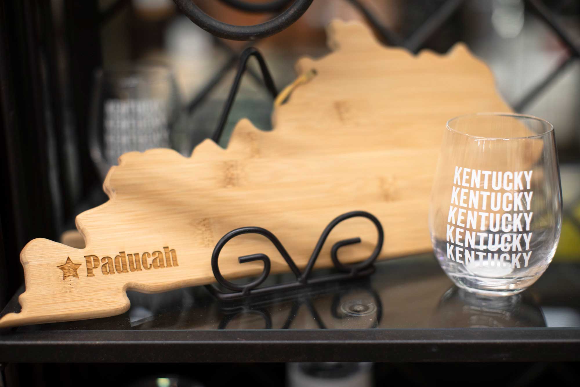 Paducah, Kentucky cutting board and a Kentucky glass